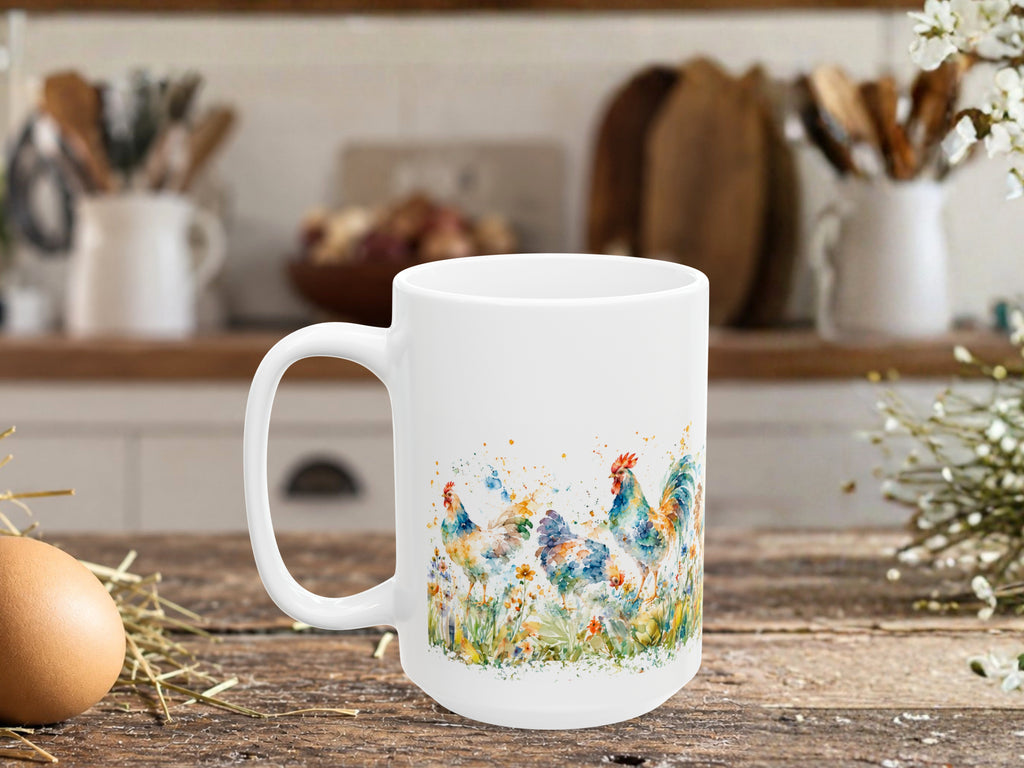 Watercolor Chicken Coffee Mug, Colorful Rooster and Hen Mug, Chicken Lover Gift, Floral Farmhouse Coffee Cup, Backyard Flock Gift