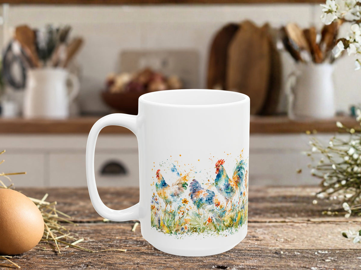 Watercolor Chicken Coffee Mug, Colorful Rooster and Hen Mug, Chicken Lover Gift, Floral Farmhouse Coffee Cup, Backyard Flock Gift