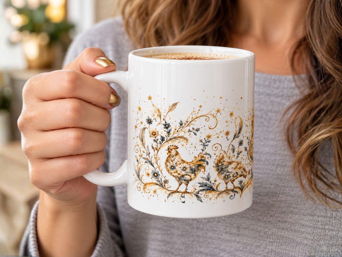 Elegant Chicken Coffee Mug, Floral Rooster and Hen Mug, Chicken Lover Gift, Vintage Farmhouse Mug, Botanical Poultry Coffee Cup