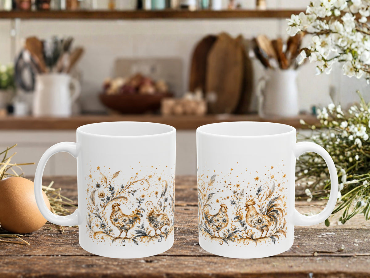 Elegant Chicken Coffee Mug, Floral Rooster and Hen Mug, Chicken Lover Gift, Vintage Farmhouse Mug, Botanical Poultry Coffee Cup