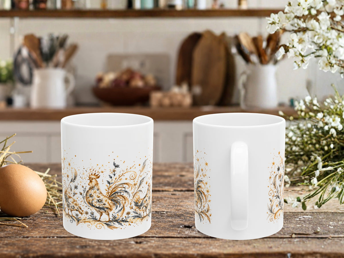 Elegant Chicken Coffee Mug, Floral Rooster and Hen Mug, Chicken Lover Gift, Vintage Farmhouse Mug, Botanical Poultry Coffee Cup