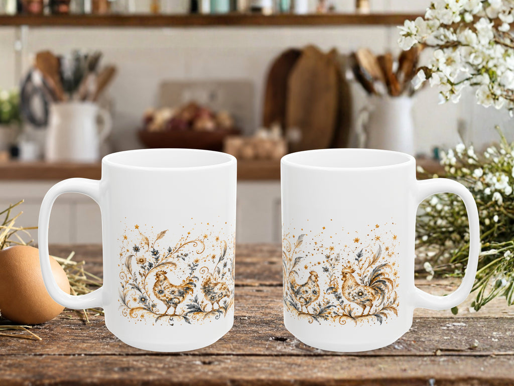 Elegant Chicken Coffee Mug, Floral Rooster and Hen Mug, Chicken Lover Gift, Vintage Farmhouse Mug, Botanical Poultry Coffee Cup