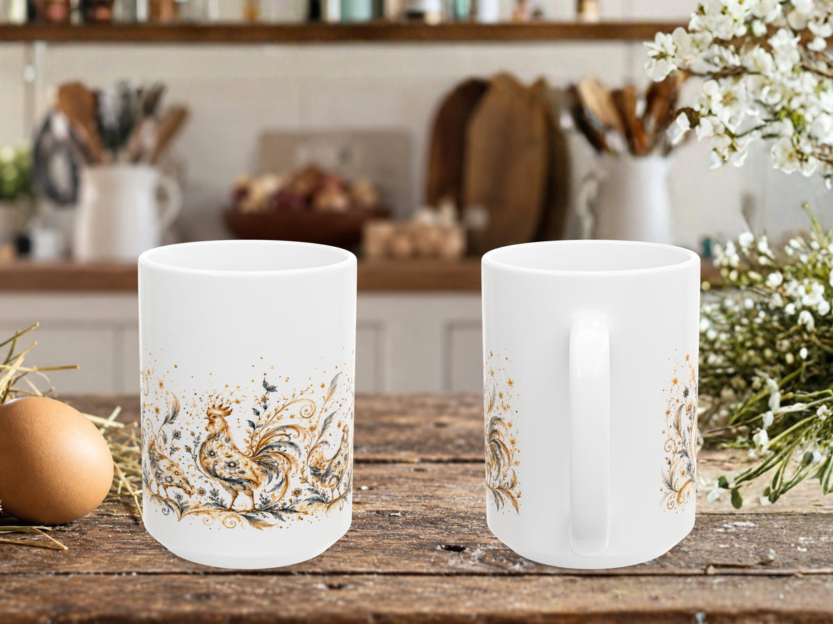 Elegant Chicken Coffee Mug, Floral Rooster and Hen Mug, Chicken Lover Gift, Vintage Farmhouse Mug, Botanical Poultry Coffee Cup