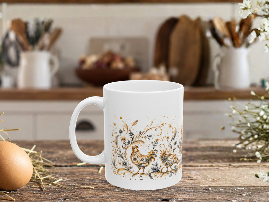 Elegant Chicken Coffee Mug, Floral Rooster and Hen Mug, Chicken Lover Gift, Vintage Farmhouse Mug, Botanical Poultry Coffee Cup