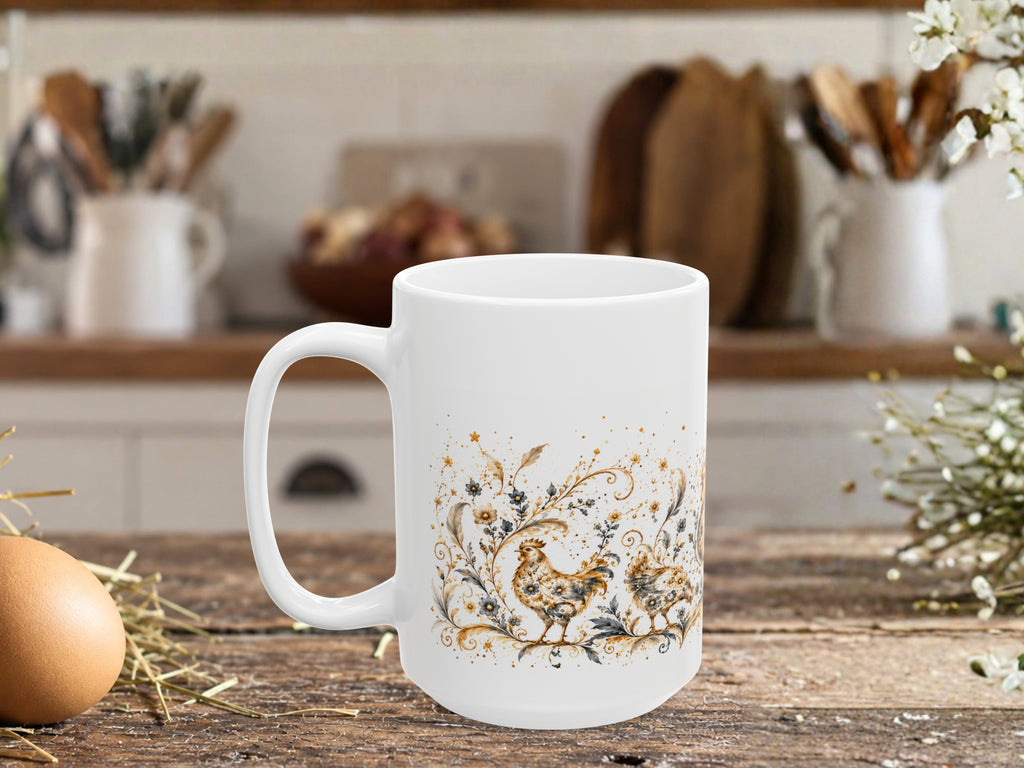 Elegant Chicken Coffee Mug, Floral Rooster and Hen Mug, Chicken Lover Gift, Vintage Farmhouse Mug, Botanical Poultry Coffee Cup