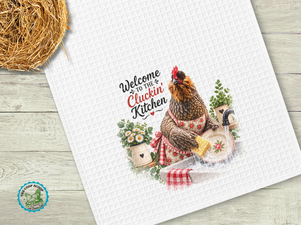 Welcome to the Cluckin Kitchen Towel, Funny Chicken Kitchen Decor, Chicken Lover Gift, Farmhouse Hand Towel, Hen Kitchen Towel