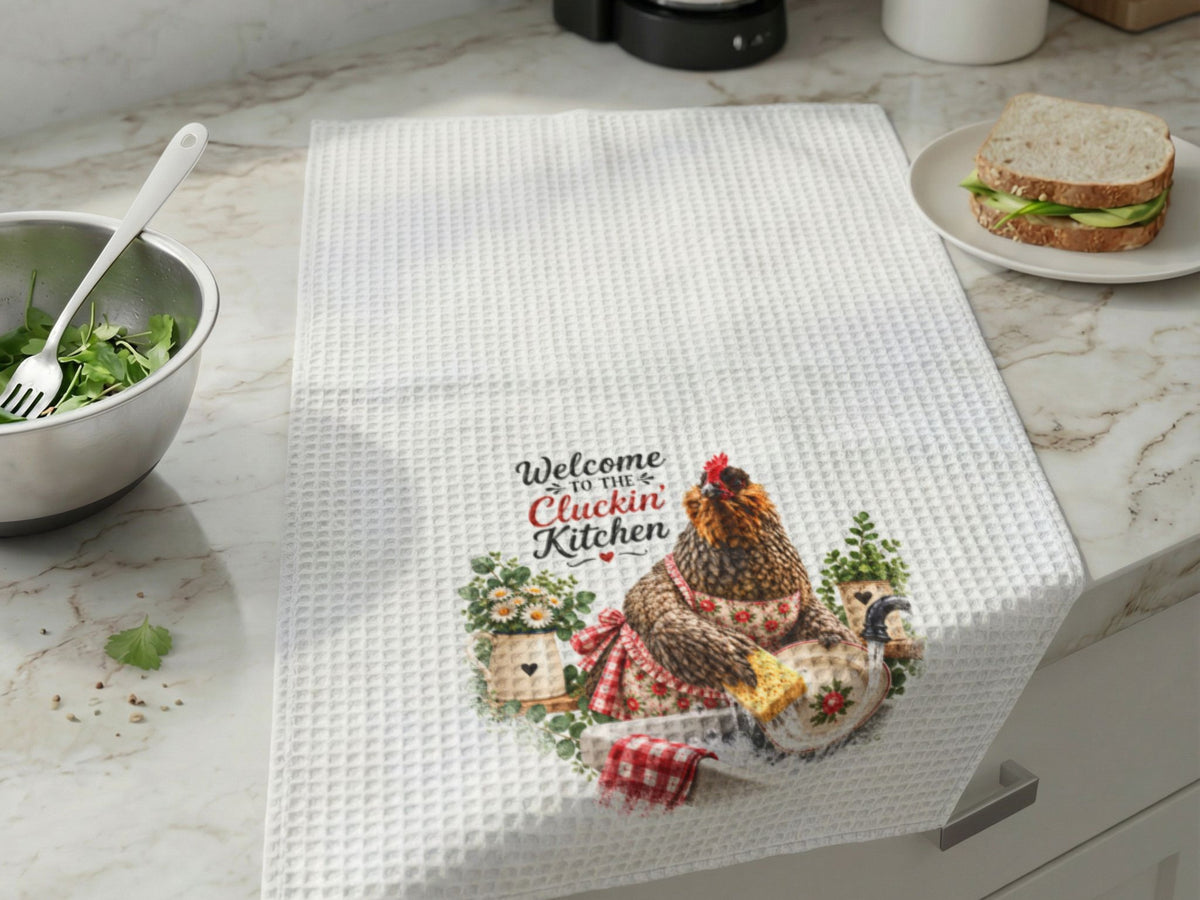 Welcome to the Cluckin Kitchen Towel, Funny Chicken Kitchen Decor, Chicken Lover Gift, Farmhouse Hand Towel, Hen Kitchen Towel