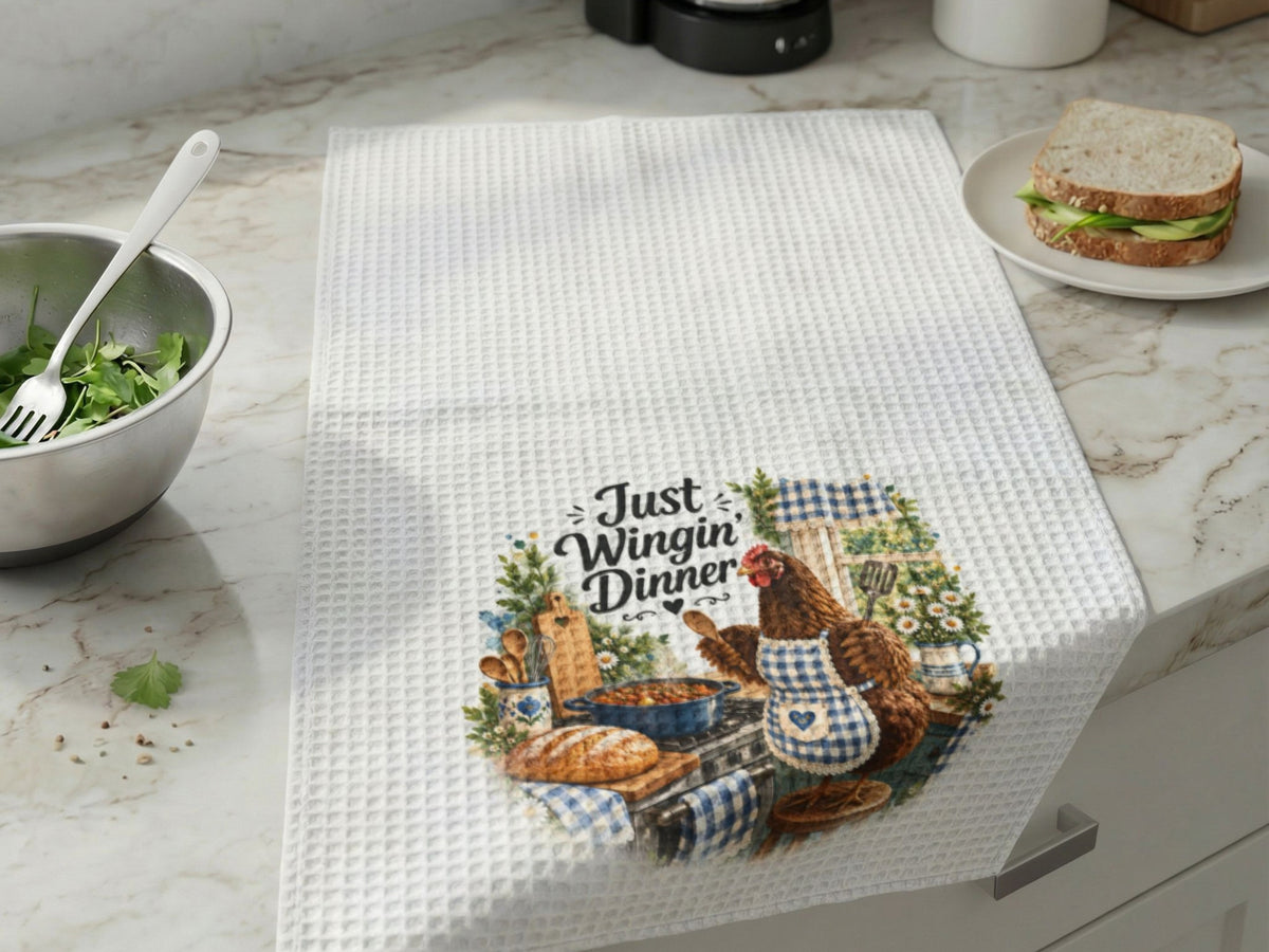 Funny Chicken Kitchen Towel, Just Winging Dinner, Farmhouse Hen Tea Towel, Chicken Lover Gift, Rustic Country Kitchen Decor