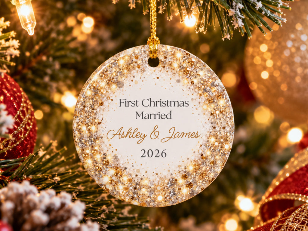 Personalized First Christmas Married Ornament, Custom Couple Names Glitter Ornament, Newlywed Christmas Keepsake, Wedding Gift
