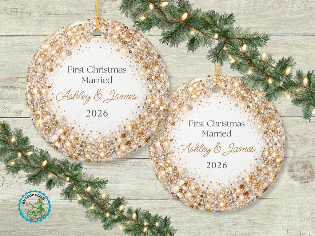 Personalized First Christmas Married Ornament, Custom Couple Names Glitter Ornament, Newlywed Christmas Keepsake, Wedding Gift