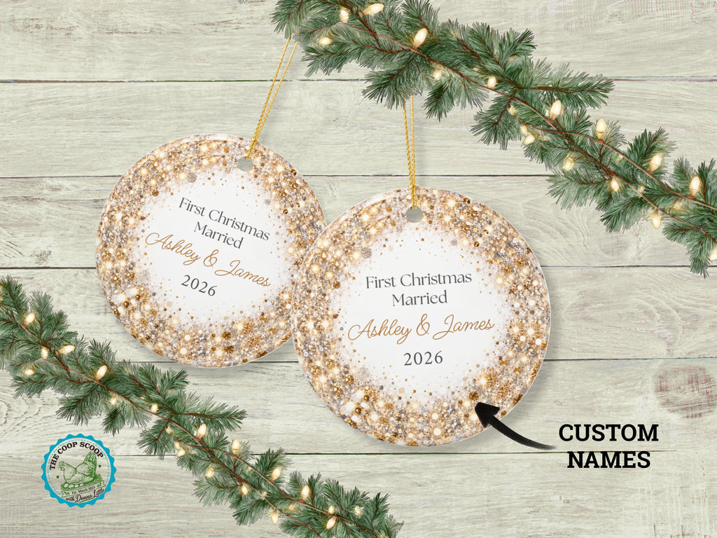 Personalized First Christmas Married Ornament, Custom Couple Names Glitter Ornament, Newlywed Christmas Keepsake, Wedding Gift