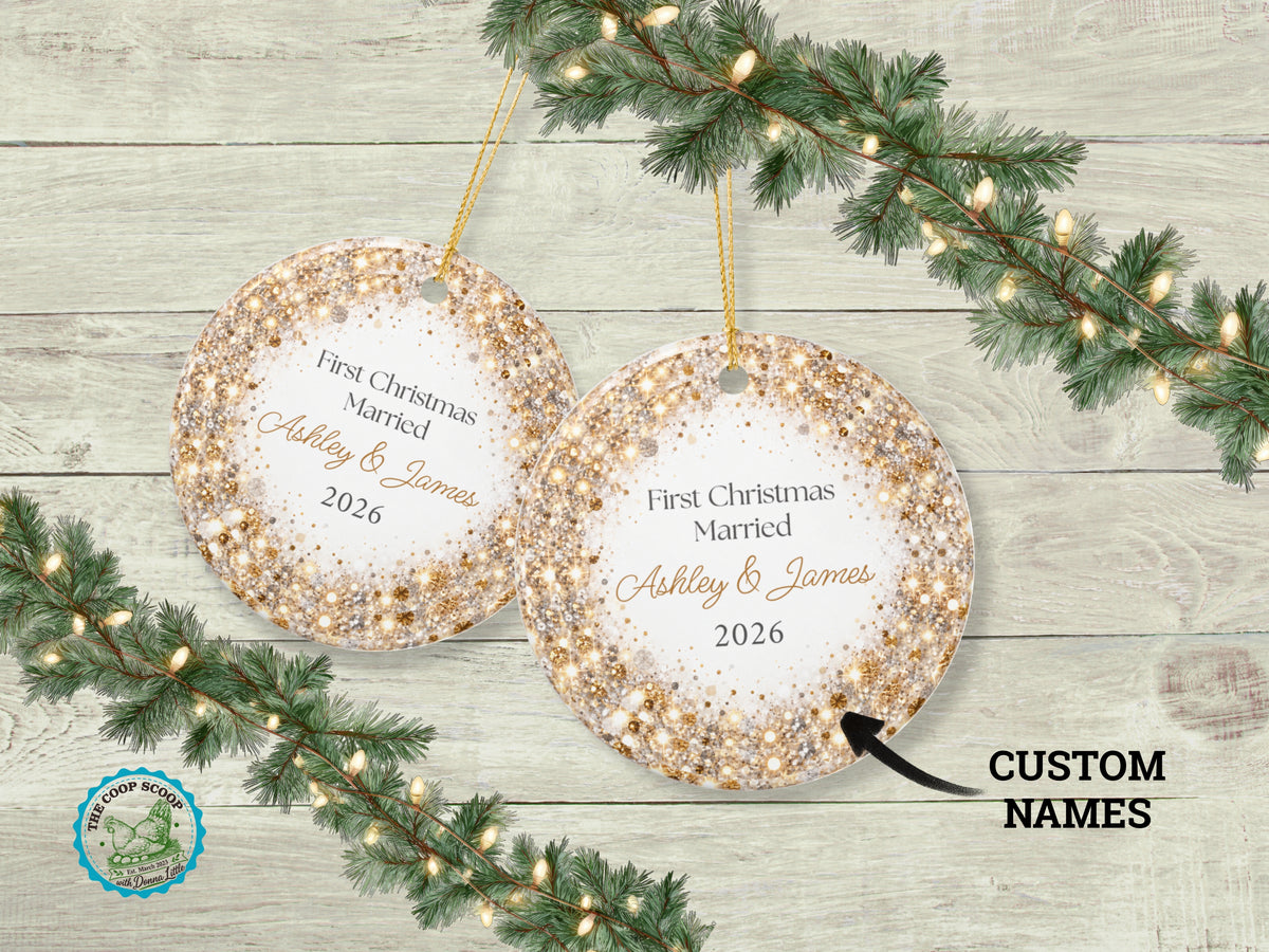 Personalized First Christmas Married Ornament, Custom Couple Names Glitter Ornament, Newlywed Christmas Keepsake, Wedding Gift