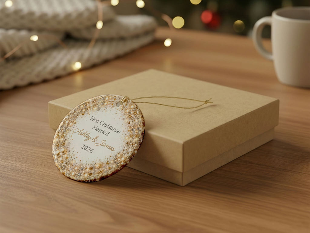 Personalized First Christmas Married Ornament, Custom Couple Names Glitter Ornament, Newlywed Christmas Keepsake, Wedding Gift