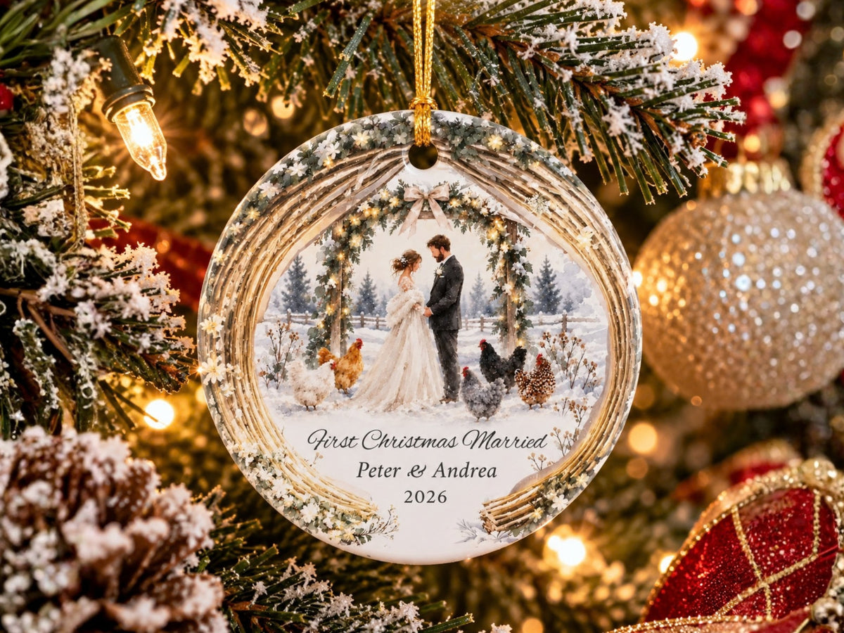 Personalized First Christmas Married Ornament, Custom Couple Names, Winter Wedding Chicken Ornament, Newlywed Christmas Keepsake