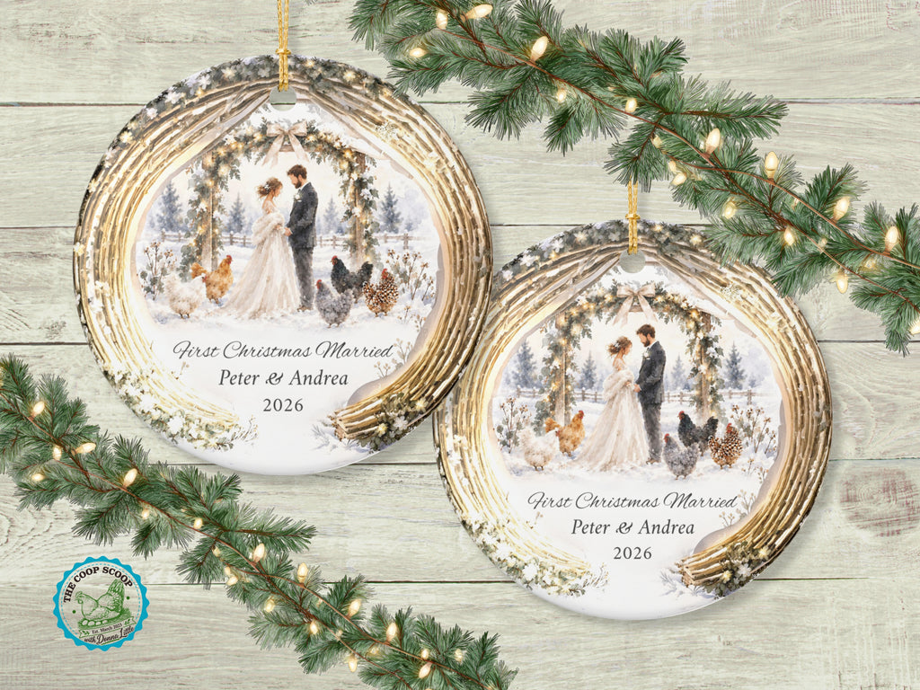 Personalized First Christmas Married Ornament, Custom Couple Names, Winter Wedding Chicken Ornament, Newlywed Christmas Keepsake