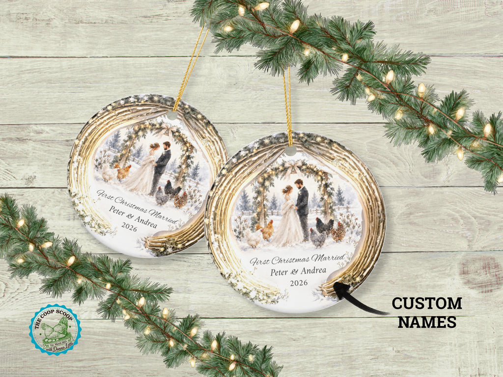 Personalized First Christmas Married Ornament, Custom Couple Names, Winter Wedding Chicken Ornament, Newlywed Christmas Keepsake