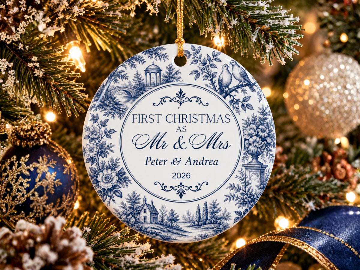 Personalized First Christmas Mr and Mrs Ornament, Blue Toile Newlywed Ornament, Custom Couple Names and Year, Wedding Keepsake