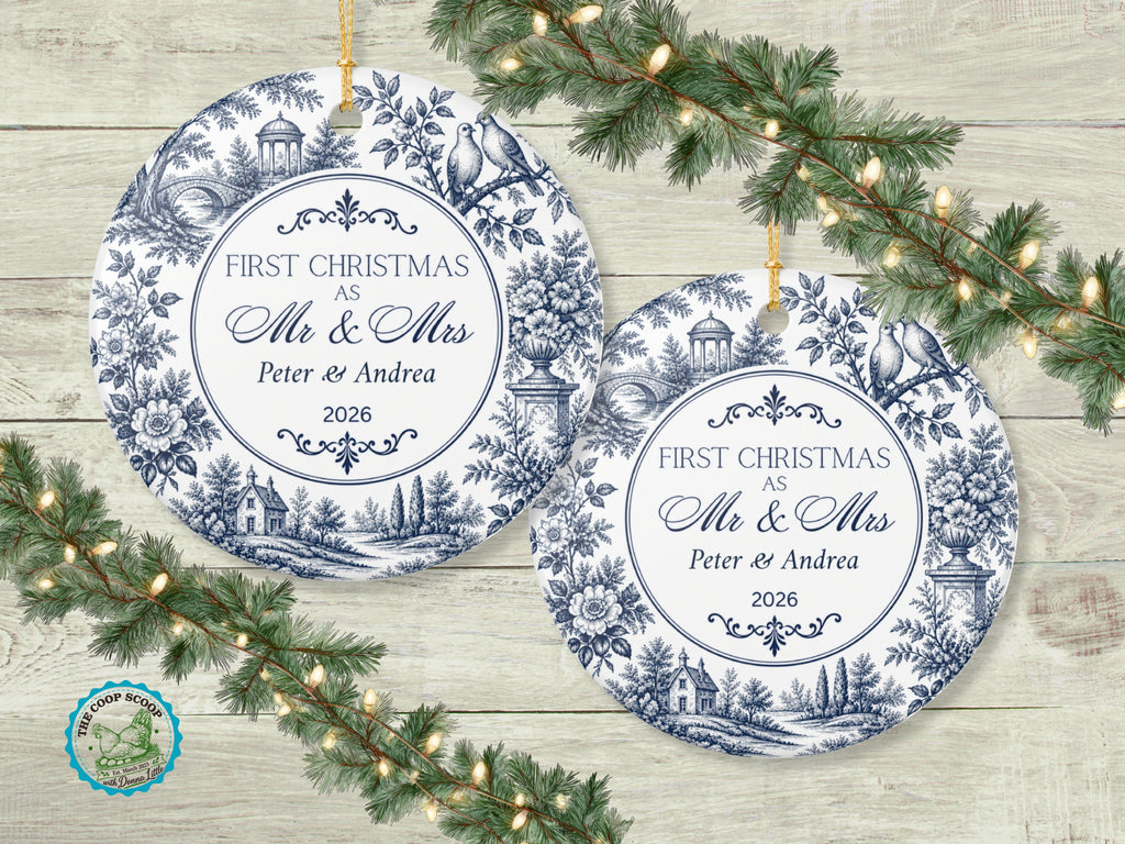 Personalized First Christmas Mr and Mrs Ornament, Blue Toile Newlywed Ornament, Custom Couple Names and Year, Wedding Keepsake