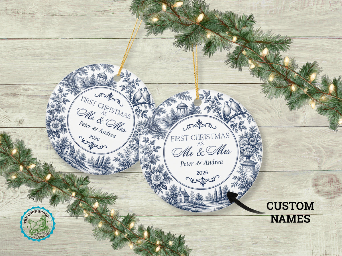 Personalized First Christmas Mr and Mrs Ornament, Blue Toile Newlywed Ornament, Custom Couple Names and Year, Wedding Keepsake