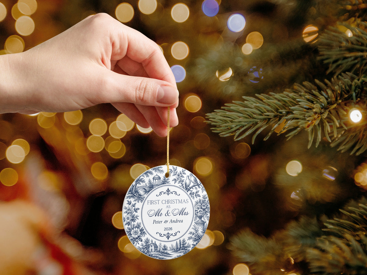 Personalized First Christmas Mr and Mrs Ornament, Blue Toile Newlywed Ornament, Custom Couple Names and Year, Wedding Keepsake