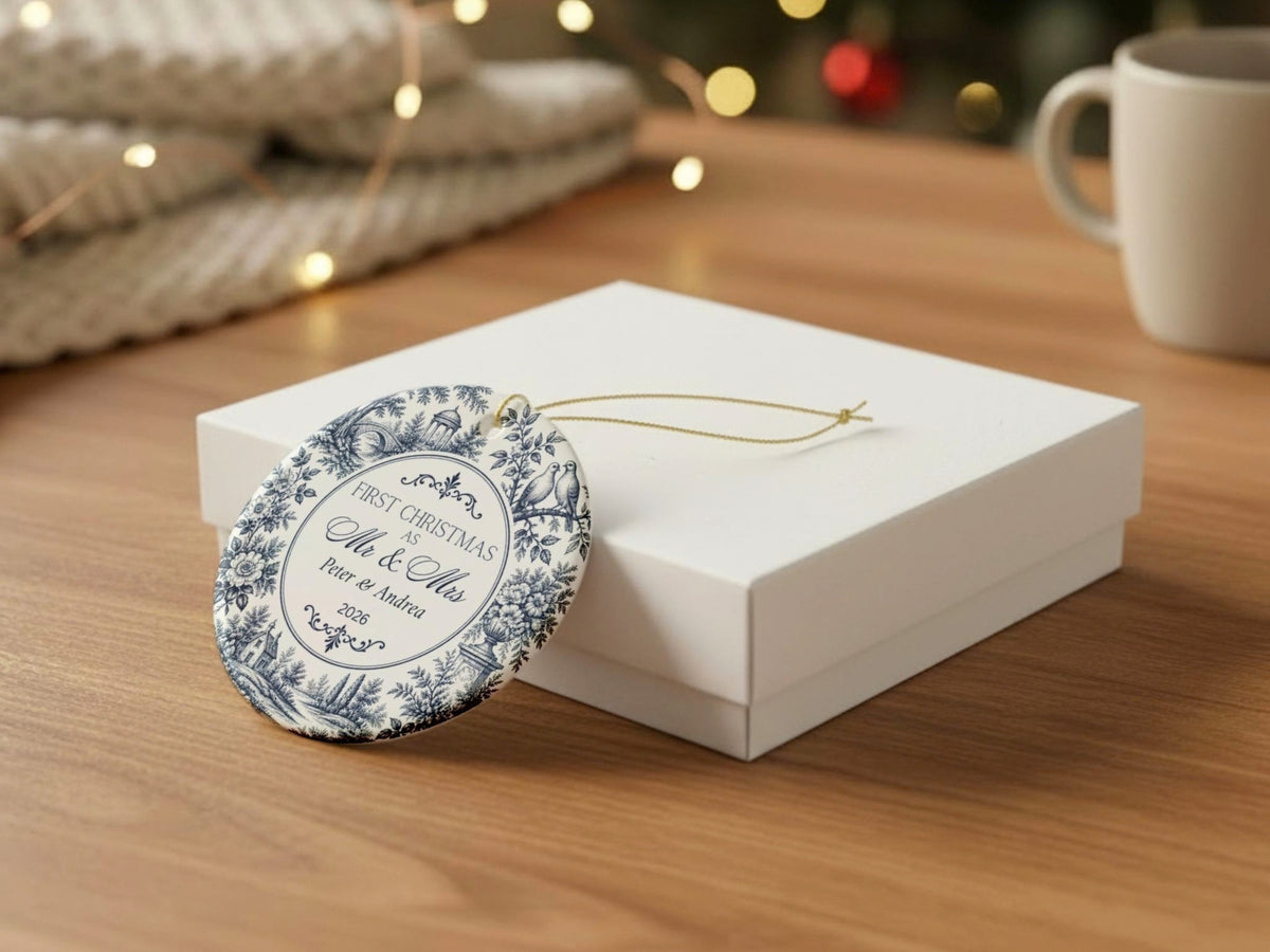 Personalized First Christmas Mr and Mrs Ornament, Blue Toile Newlywed Ornament, Custom Couple Names and Year, Wedding Keepsake