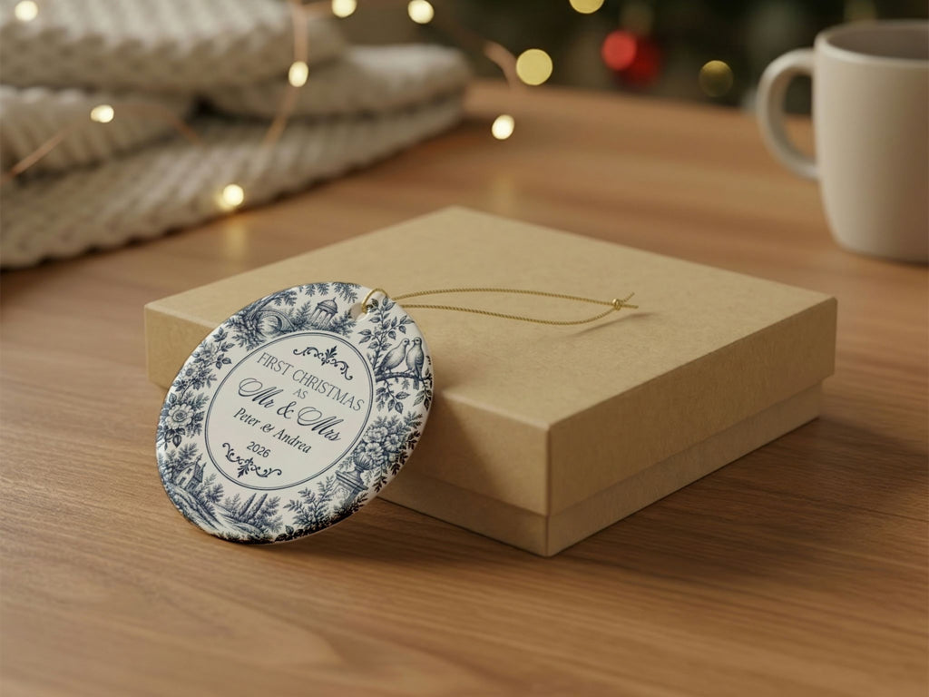 Personalized First Christmas Mr and Mrs Ornament, Blue Toile Newlywed Ornament, Custom Couple Names and Year, Wedding Keepsake