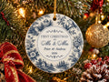 Personalized First Christmas Mr and Mrs Ornament, Blue Toile Couple Ornament, Custom Names and Year, Newlywed Christmas Keepsake