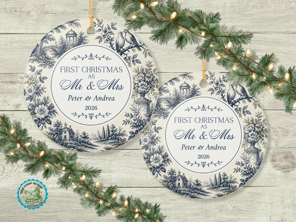 Personalized First Christmas Mr and Mrs Ornament, Blue Toile Couple Ornament, Custom Names and Year, Newlywed Christmas Keepsake