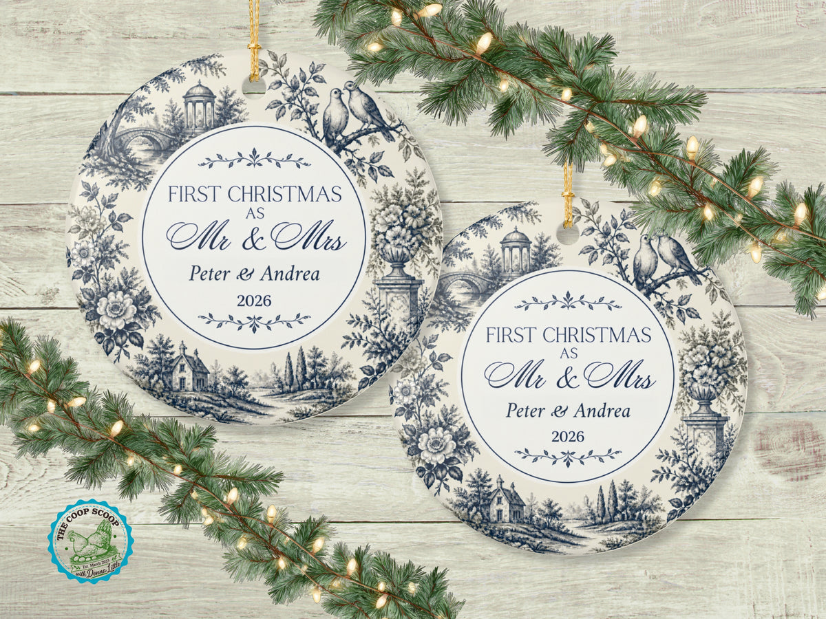 Personalized First Christmas Mr and Mrs Ornament, Blue Toile Couple Ornament, Custom Names and Year, Newlywed Christmas Keepsake