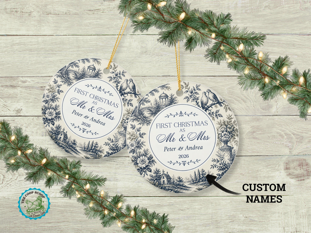 Personalized First Christmas Mr and Mrs Ornament, Blue Toile Couple Ornament, Custom Names and Year, Newlywed Christmas Keepsake