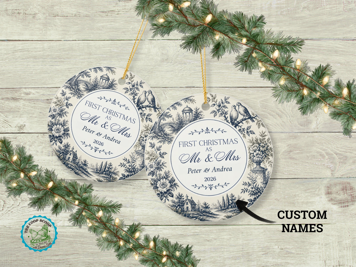 Personalized First Christmas Mr and Mrs Ornament, Blue Toile Couple Ornament, Custom Names and Year, Newlywed Christmas Keepsake