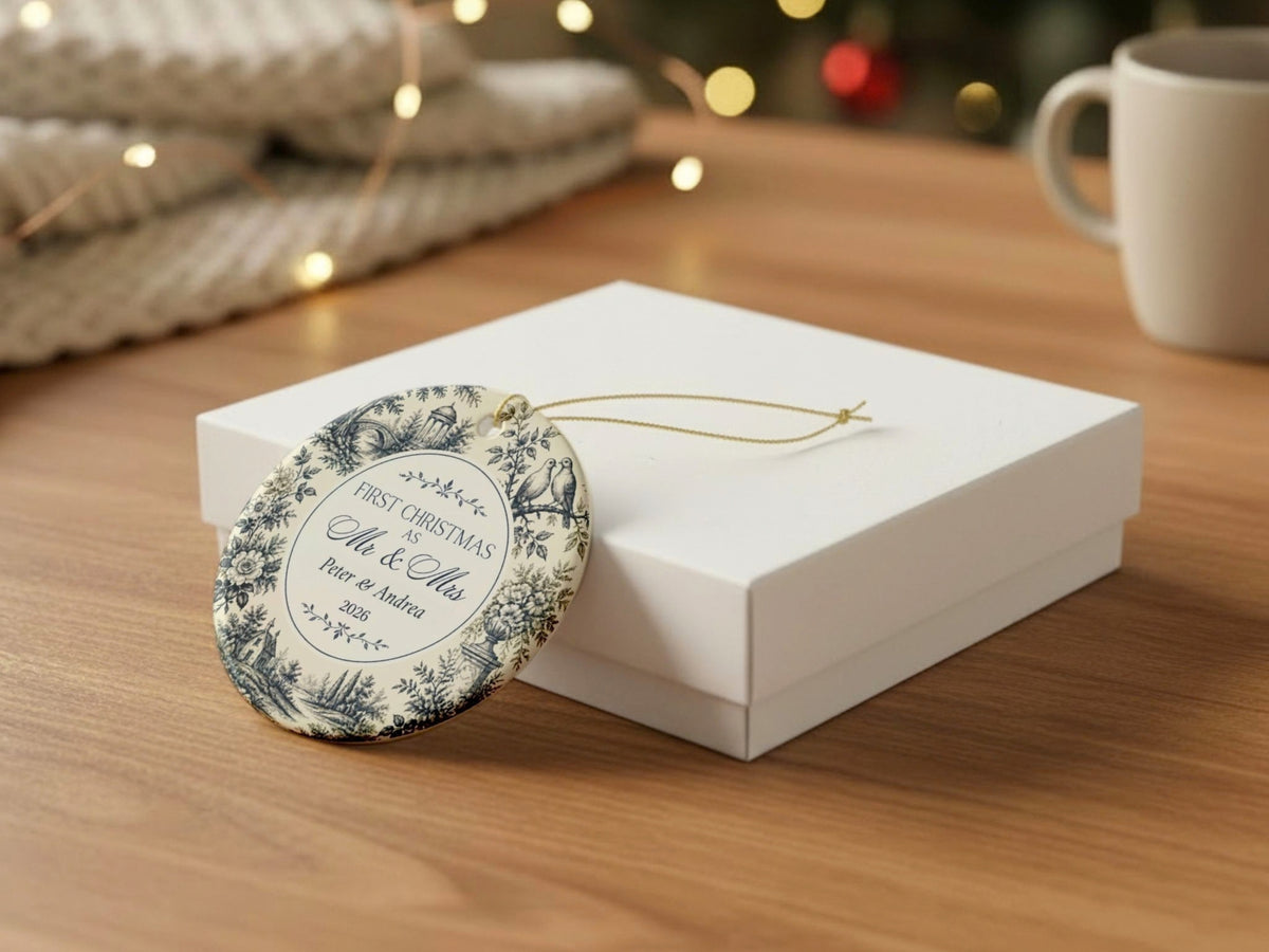Personalized First Christmas Mr and Mrs Ornament, Blue Toile Couple Ornament, Custom Names and Year, Newlywed Christmas Keepsake