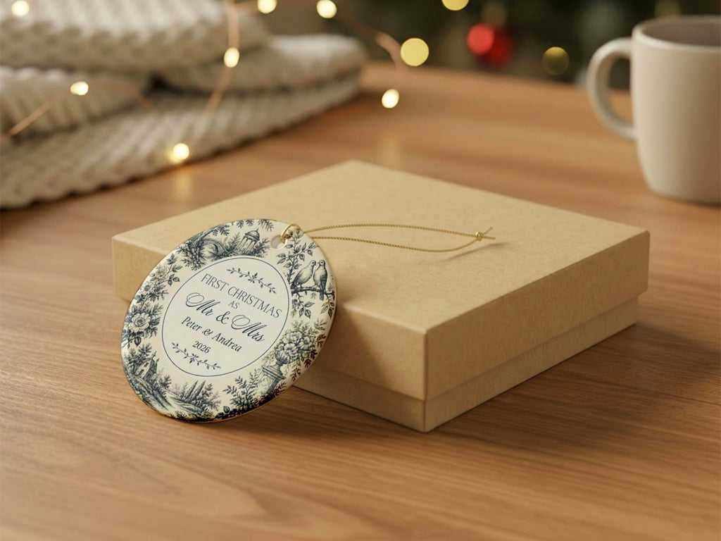 Personalized First Christmas Mr and Mrs Ornament, Blue Toile Couple Ornament, Custom Names and Year, Newlywed Christmas Keepsake