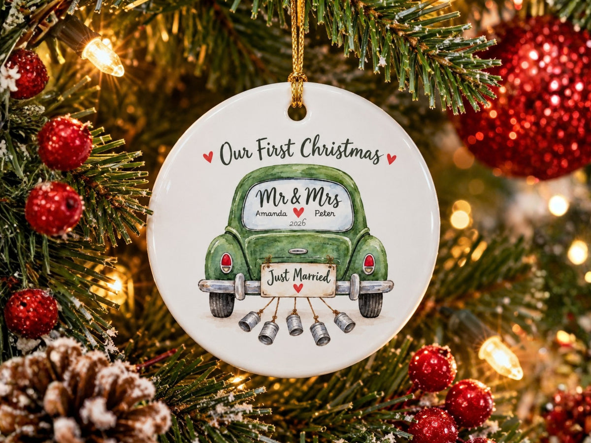 Personalized First Christmas Ornament, Our First Christmas Mr and Mrs, Custom Couple Names and Year, Just Married Newlywed Gift