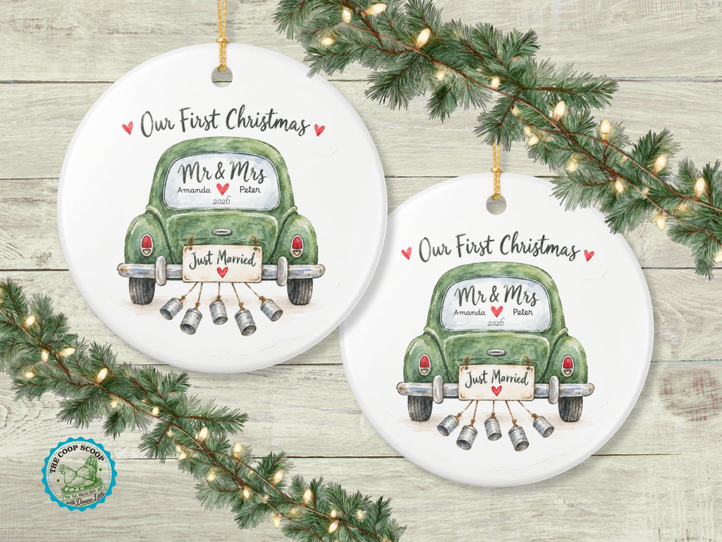 Personalized First Christmas Ornament, Our First Christmas Mr and Mrs, Custom Couple Names and Year, Just Married Newlywed Gift