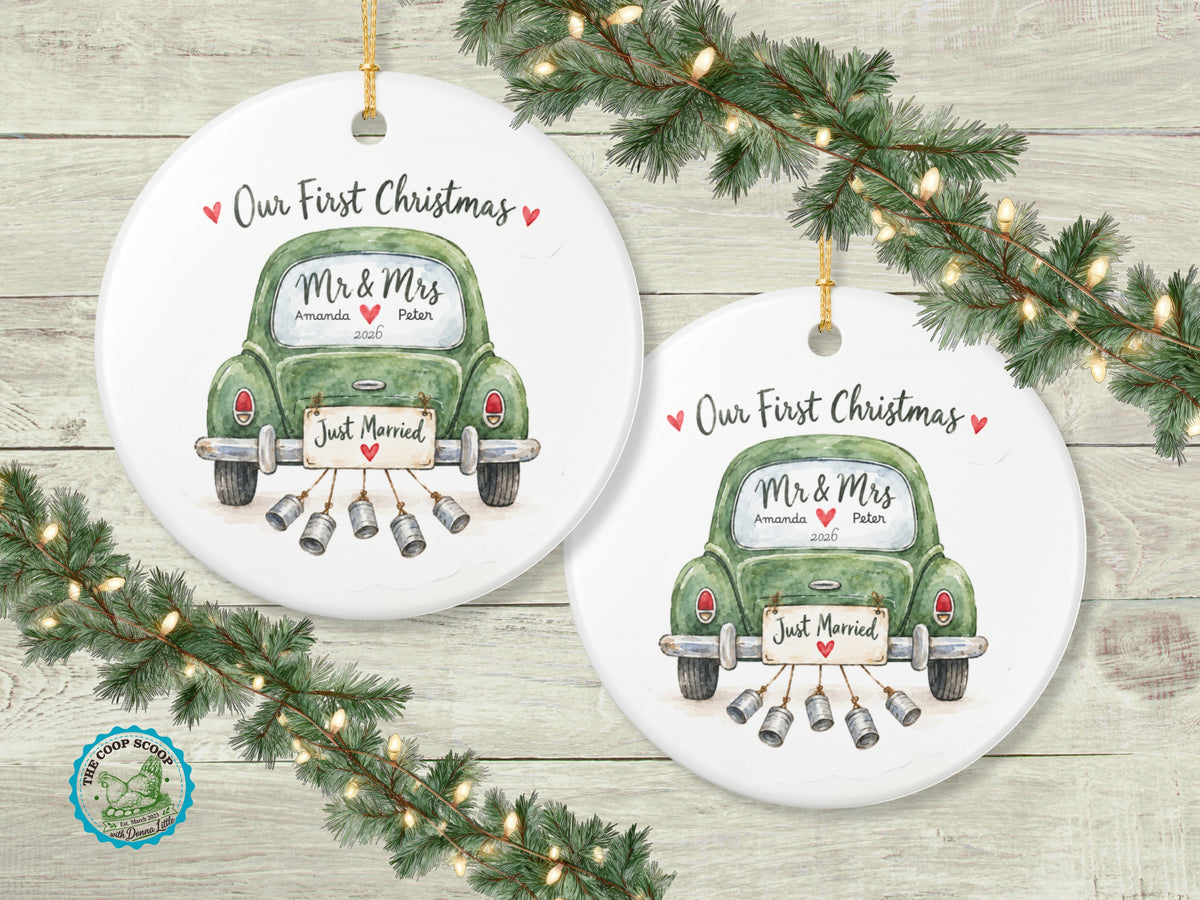 Personalized First Christmas Ornament, Our First Christmas Mr and Mrs, Custom Couple Names and Year, Just Married Newlywed Gift
