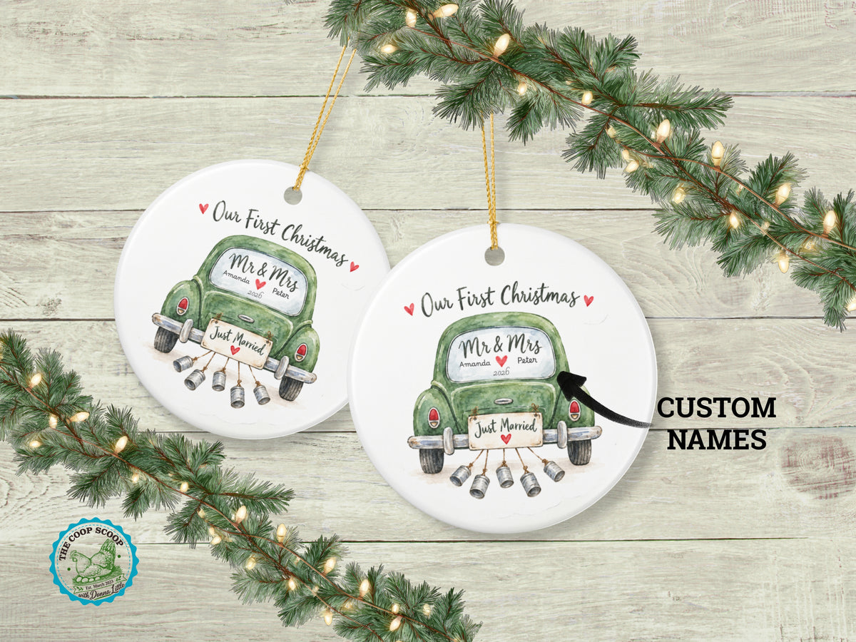 Personalized First Christmas Ornament, Our First Christmas Mr and Mrs, Custom Couple Names and Year, Just Married Newlywed Gift