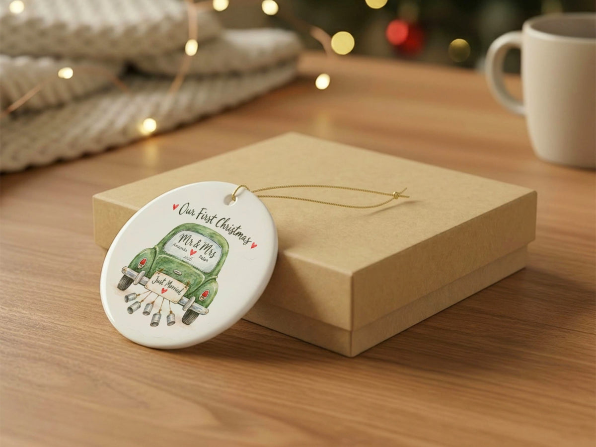 Personalized First Christmas Ornament, Our First Christmas Mr and Mrs, Custom Couple Names and Year, Just Married Newlywed Gift