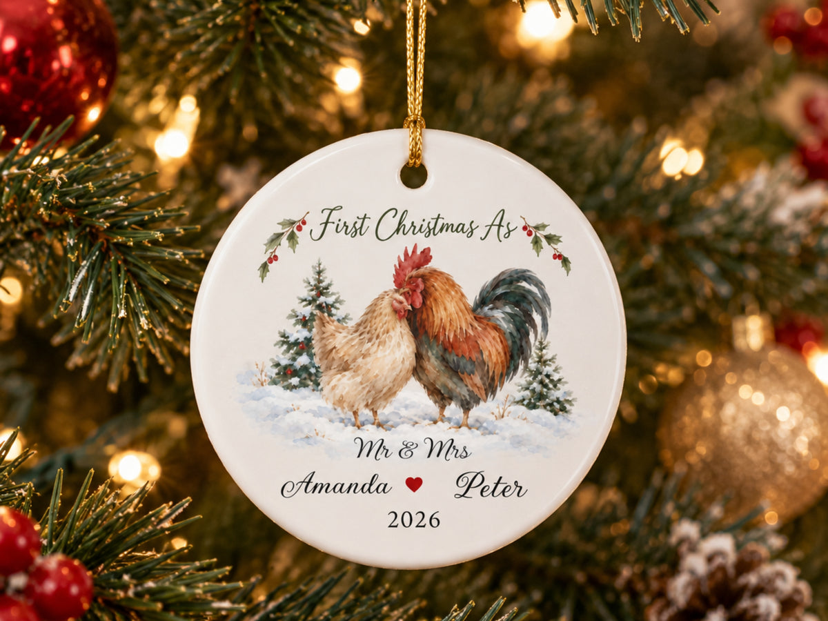 Personalized First Christmas Couple Ornament, Mr and Mrs Chicken Ornament, Custom Names Christmas Gift, Chicken Lover Keepsake