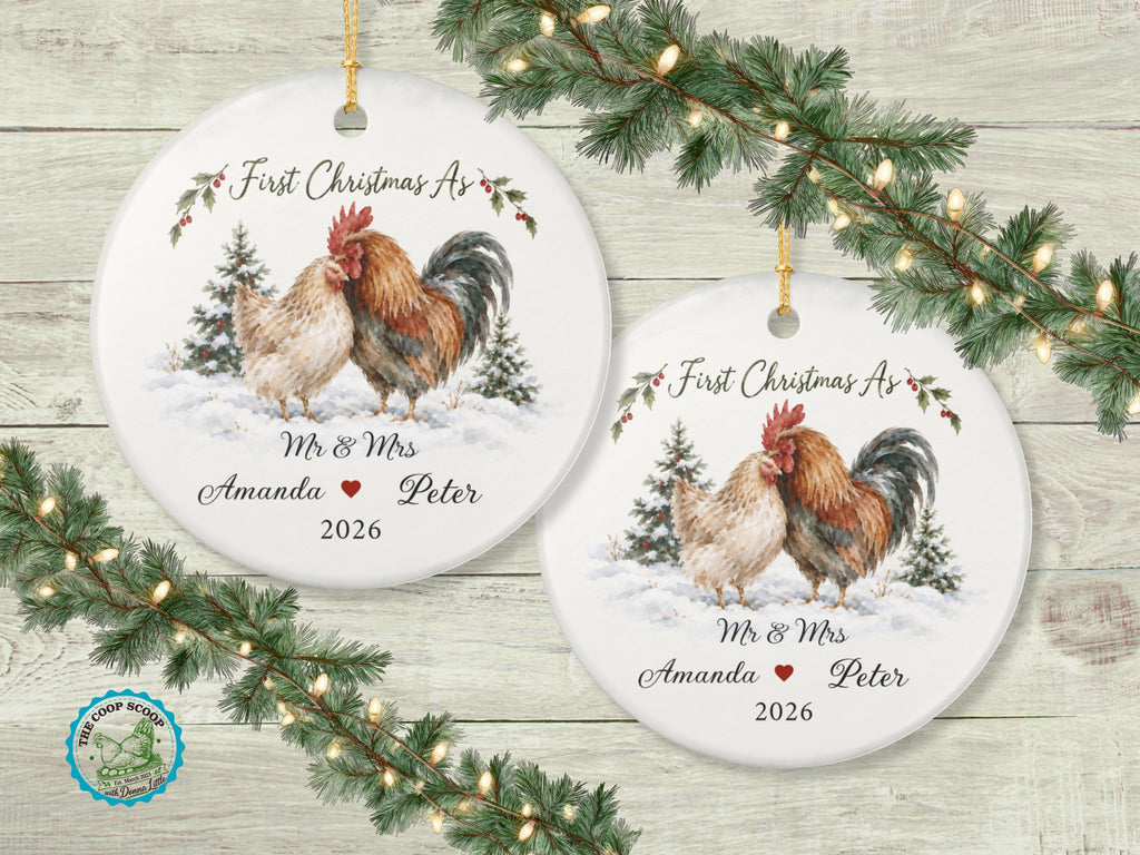 Personalized First Christmas Couple Ornament, Mr and Mrs Chicken Ornament, Custom Names Christmas Gift, Chicken Lover Keepsake