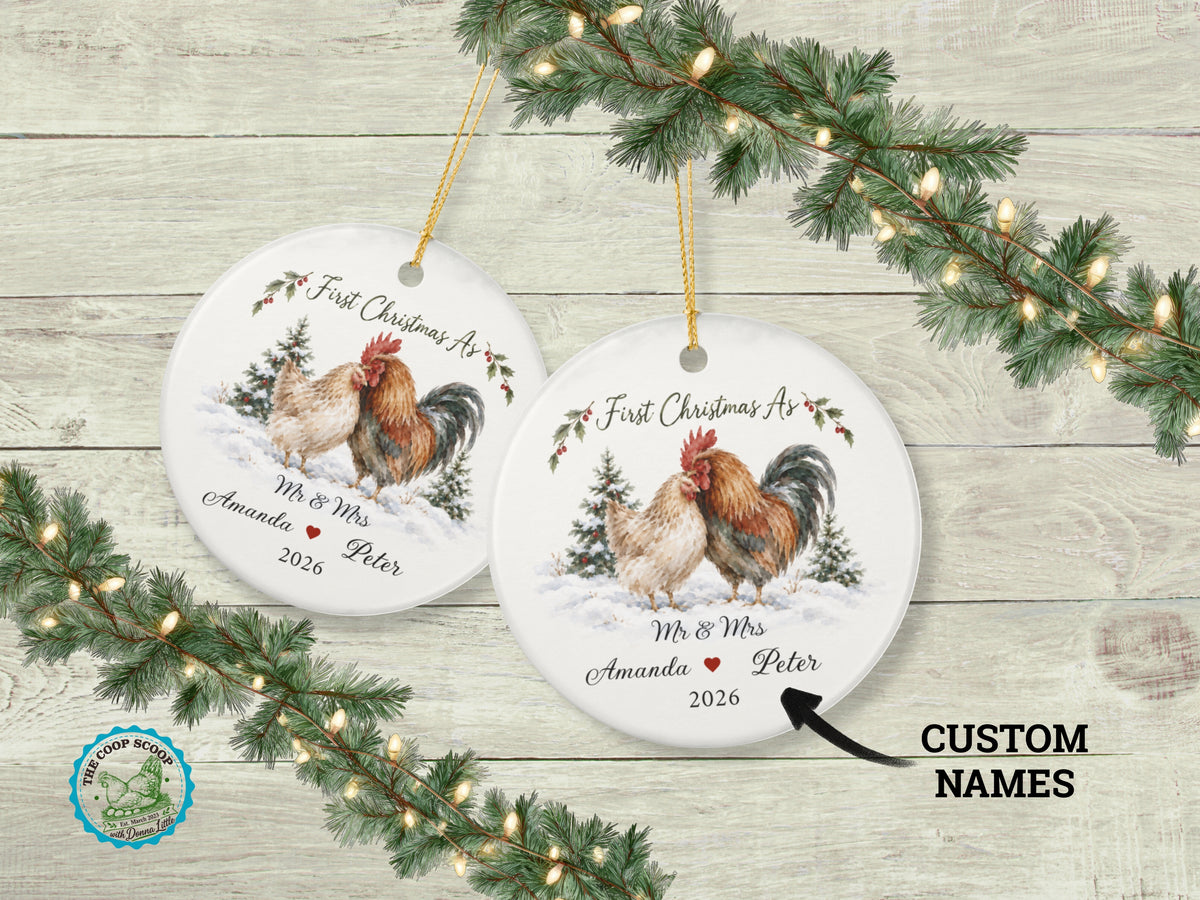 Personalized First Christmas Couple Ornament, Mr and Mrs Chicken Ornament, Custom Names Christmas Gift, Chicken Lover Keepsake