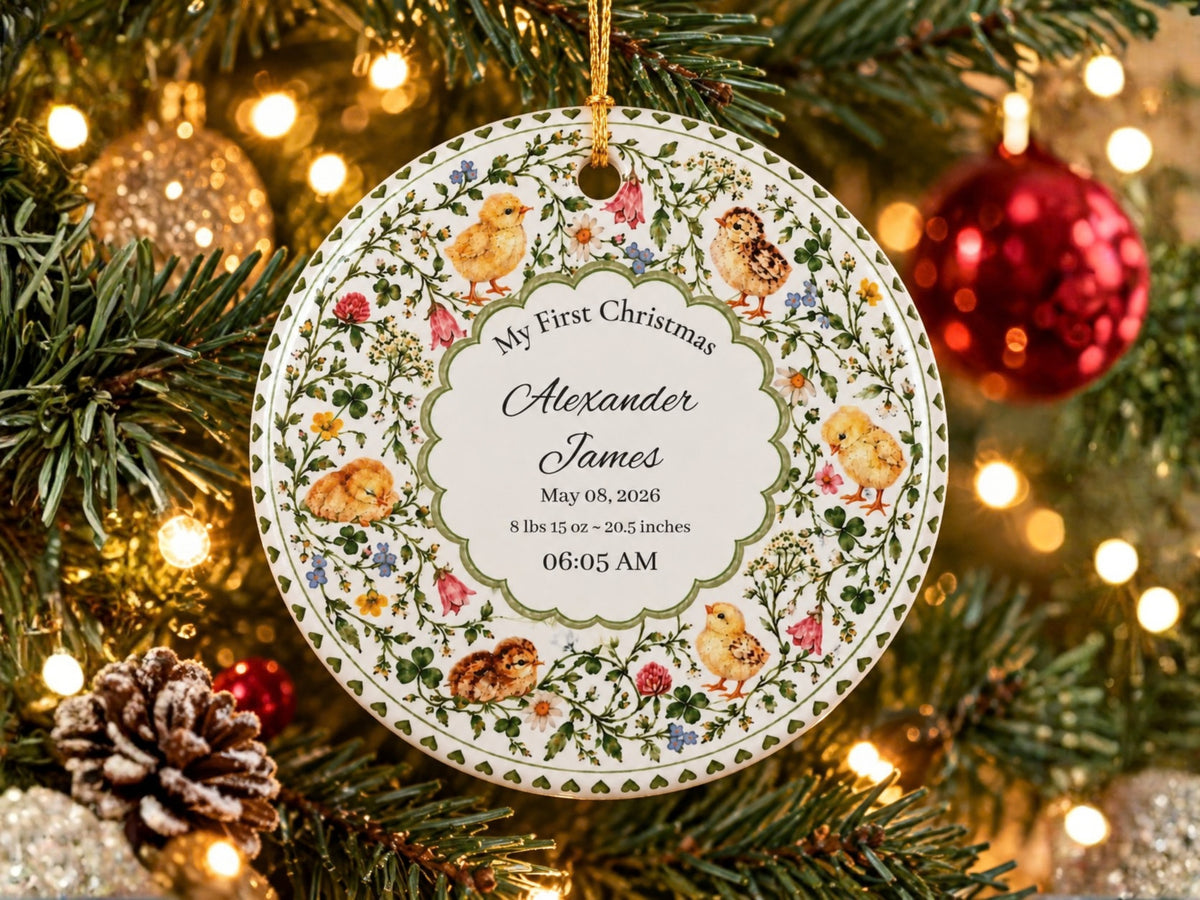 My First Christmas Chicken Ornament, Personalized Baby Birth Stats Keepsake, Custom Name Farm Baby Gift