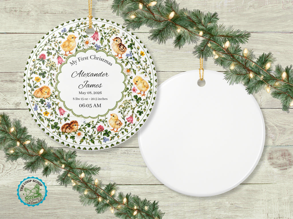My First Christmas Chicken Ornament, Personalized Baby Birth Stats Keepsake, Custom Name Farm Baby Gift