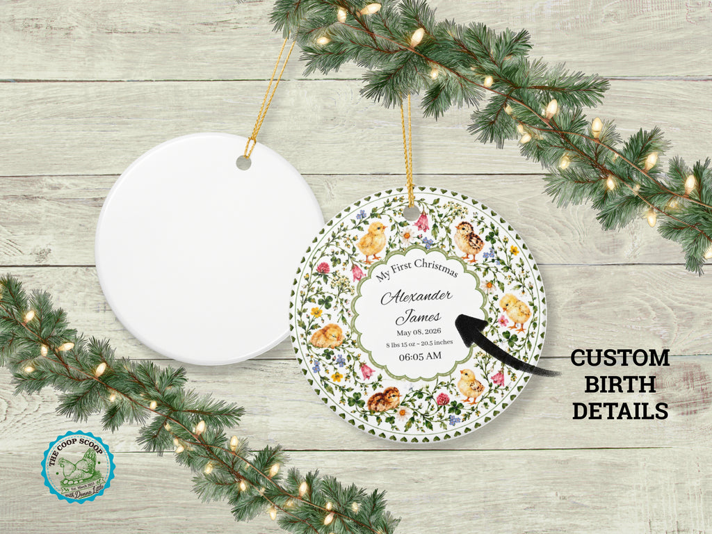 My First Christmas Chicken Ornament, Personalized Baby Birth Stats Keepsake, Custom Name Farm Baby Gift