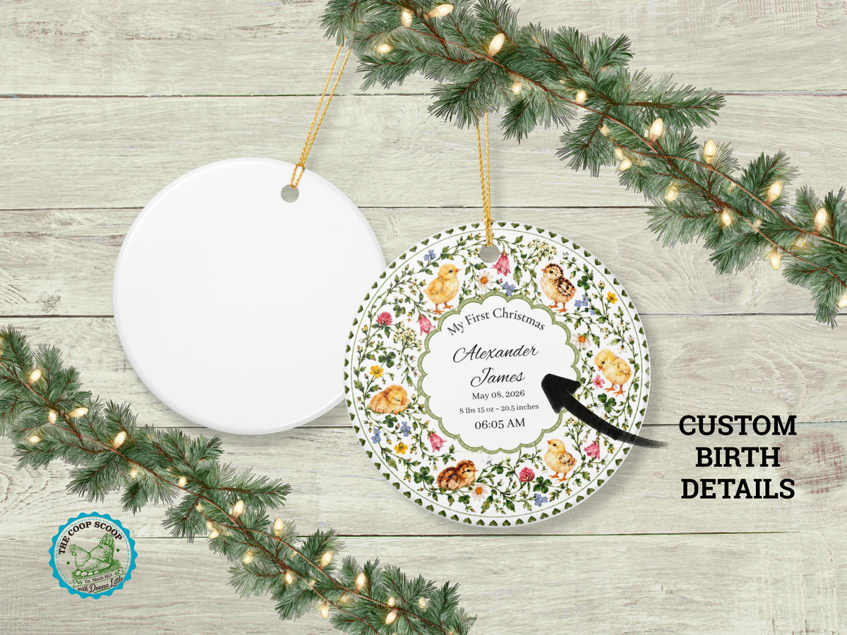 My First Christmas Chicken Ornament, Personalized Baby Birth Stats Keepsake, Custom Name Farm Baby Gift