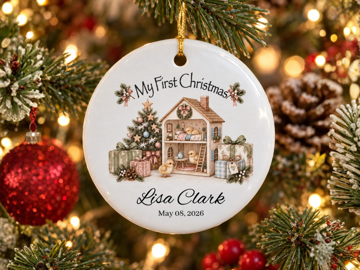 My First Christmas Chicken Ornament, Personalized Baby Name and Date Ornament, Farmhouse Christmas Keepsake, Chicken Lover Baby Gift