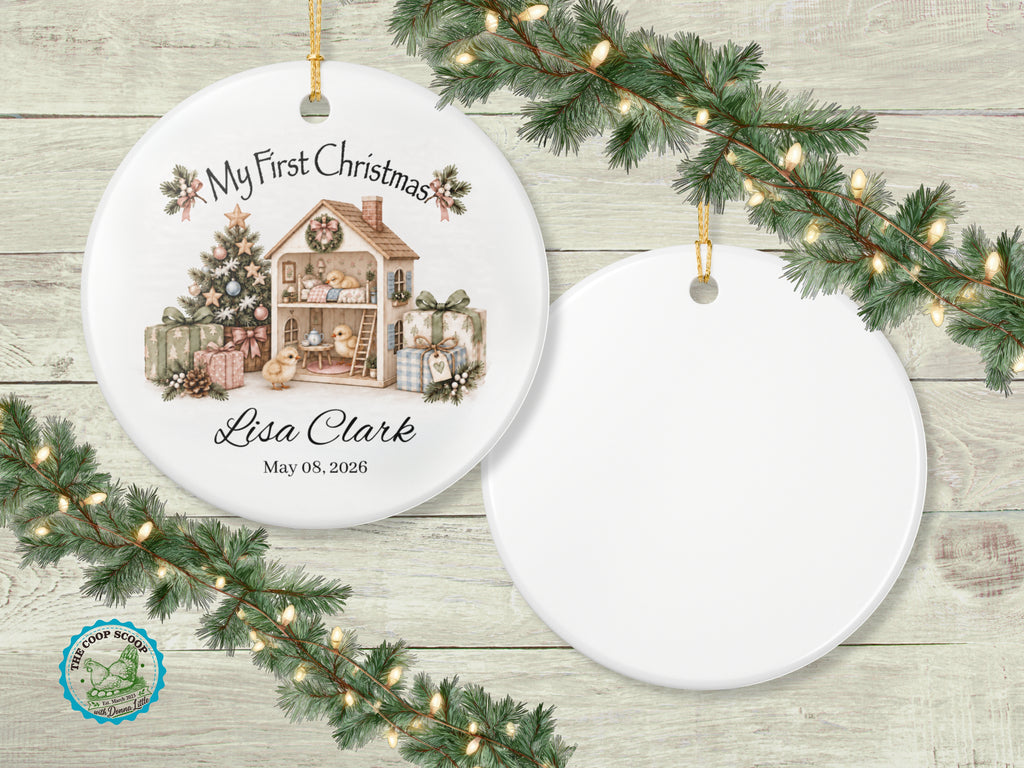 My First Christmas Chicken Ornament, Personalized Baby Name and Date Ornament, Farmhouse Christmas Keepsake, Chicken Lover Baby Gift