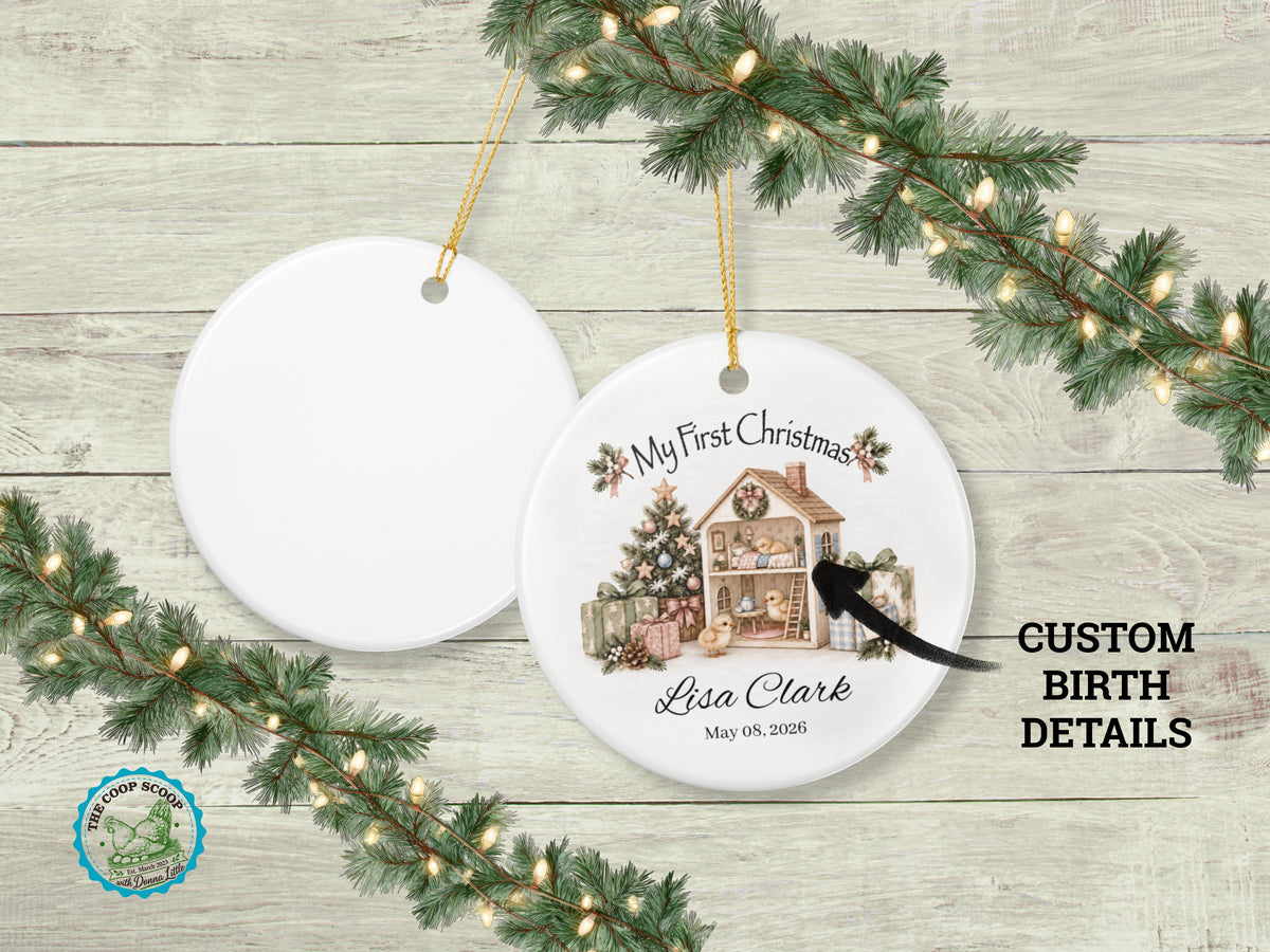 My First Christmas Chicken Ornament, Personalized Baby Name and Date Ornament, Farmhouse Christmas Keepsake, Chicken Lover Baby Gift