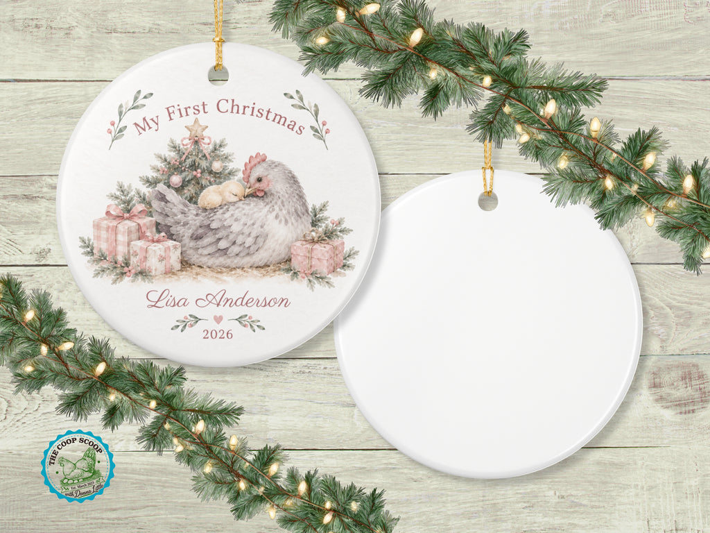 My First Christmas Chicken Ornament, Personalized Baby Name Ornament, Chicken Lover Keepsake, Farm Baby Christmas Gift