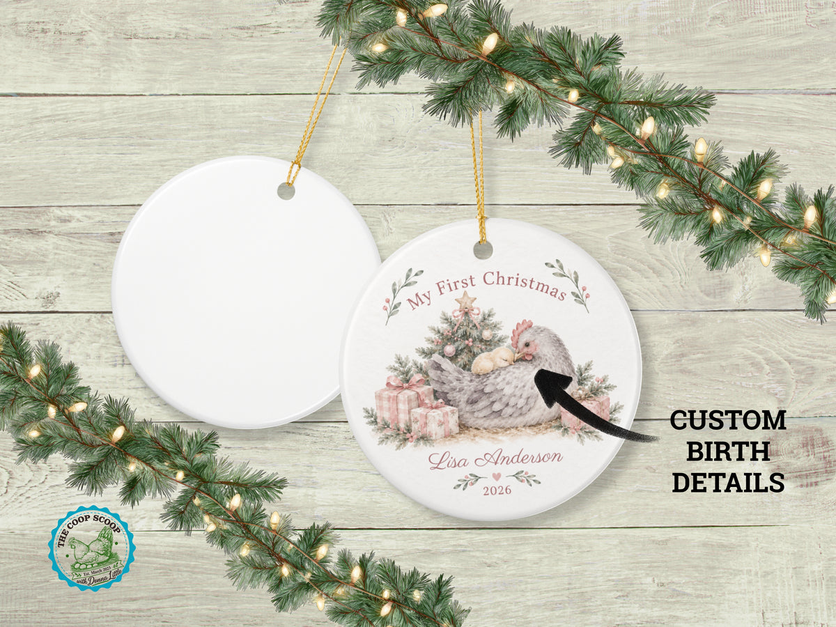 My First Christmas Chicken Ornament, Personalized Baby Name Ornament, Chicken Lover Keepsake, Farm Baby Christmas Gift